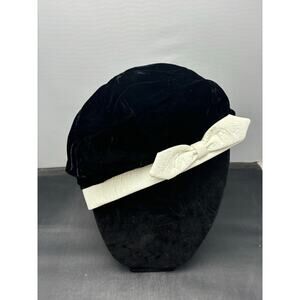 Vintage Black Velvet Beret Hat w/ White Trim & Bow USA Union Made